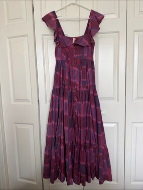 Anthropologie Magenta & Purple Tie-Dye Ruffle-Shoulder Maxi Dress